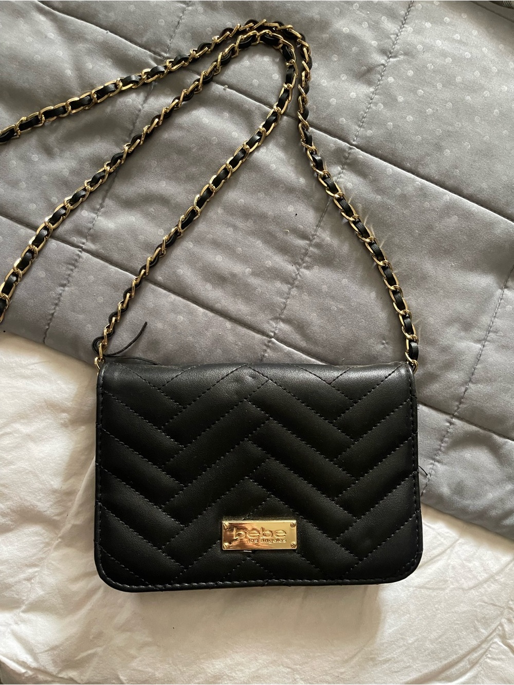 bebe Black Quilted Crossbody with Gold Chain Strap